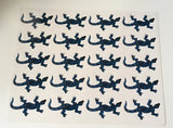 Aufkleber Echsen-Motiv – Bogen mit mehrfachen Gecko-Stickern in blauer Farbe, Frontansicht auf weißem Trägerpapier in Wiesbaden von City Medien Einkaufswelt für Partner günstig kaufen, drucken lassen, online preiswert bestellen – Aufkleber, Stickerbogen