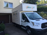 Aufkleber Polymer 3D weiß – Lieferwagen mit „Golden Grill“-Logo auf Kabinenkasten, Front- und Seitenbeklebung in Wiesbaden von City Medien Einkaufswelt für Partner günstig kaufen, drucken lassen, online preiswert bestellen – LKW-Aufkleber, Fahrzeugbeschriftung