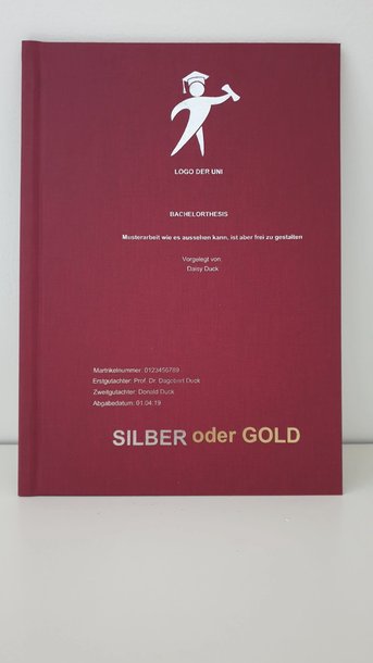 Abschlussarbeit Hardcover Golddruck: Ein rotes Hardcover-Buch. Der Einband hat einen goldfarbenen Aufdruck, der ein Piktogramm, den Text „BACHELORTHESIS“, Namen und die Aufschrift „SILBER oder GOLD“ enthält, in Wiesbaden bei City Medien Einkaufswelt für Partner