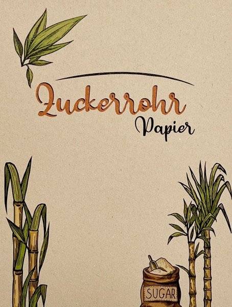 Briefumschläge aus Zuckerrohr DIN C5: Eine Abbildung, die eine Visitenkarte aus beigefarbenem Zuckerrohrpapier zeigt. Die Karte ist bedruckt mit einer Illustration von Zuckerrohrpflanzen und dem Schriftzug „Zuckerrohr Papier“, in Wiesbaden bei City Medien Einkaufswelt für Partner