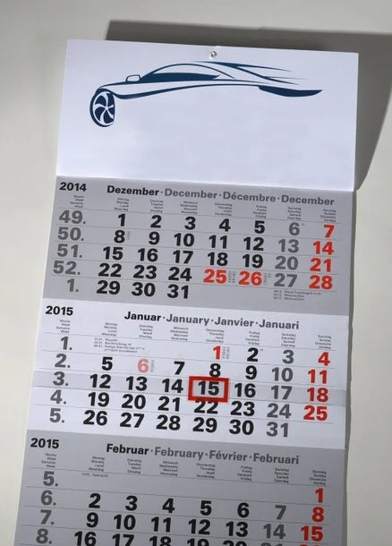 Drei Monatskalender für das Folgejahr – Wandkalender mit drei sichtbaren Monatsblättern übereinander, Datumsanzeige mit rotem Markierungsrahmen in Wiesbaden von City Medien Einkaufswelt für Partner günstig kaufen, drucken lassen, online preiswert bestellen – Wandkalender, Monatskalender, Geschäftskalender