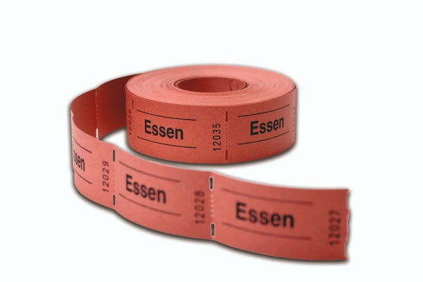 Rollengutscheine 500 Abrisse – Rolle in Rot mit schwarzem Aufdruck „Essen“, perforierte Abrissgutscheine aus Papier in Wiesbaden von City Medien Einkaufswelt für Partner günstig kaufen, drucken lassen, online preiswert bestellen – Gutscheine, Wertmarken, Eventzubehör