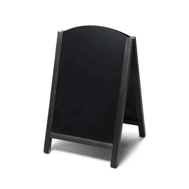 Schwarzer Kundenstopper Kreidetafel gebogen, Holzrahmen, 55 × 85 cm, ohne Druck – beschreibbares A-Board für Außenbereich, City Medien Einkaufswelt für Partner Wiesbaden