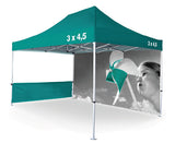 Faltpavillon 3x4,5 bedruckt – grünes Zelt mit Seitenwand und individuellem Fotodruck, Aluminiumrahmen stabil aufgestellt, Frontansicht in Wiesbaden von City Medien Einkaufswelt für Partner günstig kaufen, drucken lassen, online preiswert bestellen – Pavillons, Eventzelte, Promotionzelte