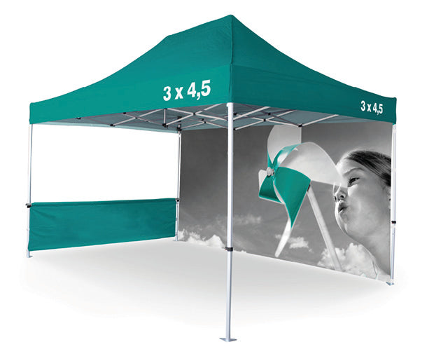 Faltpavillon 3x4,5 bedruckt – grünes Zelt mit Seitenwand und individuellem Fotodruck, Aluminiumrahmen stabil aufgestellt, Frontansicht in Wiesbaden von City Medien Einkaufswelt für Partner günstig kaufen, drucken lassen, online preiswert bestellen – Pavillons, Eventzelte, Promotionzelte