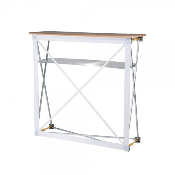 Textilfalttheke B 106 cm x H 102 x T 36 cm: Das aufgestellte, weiße Scherengitter-Gestell von der Seite. Man sieht die hellbraune Holzplatte und die graue Ablagefläche in der Mitte, in Wiesbaden bei City Medien Einkaufswelt für Partner