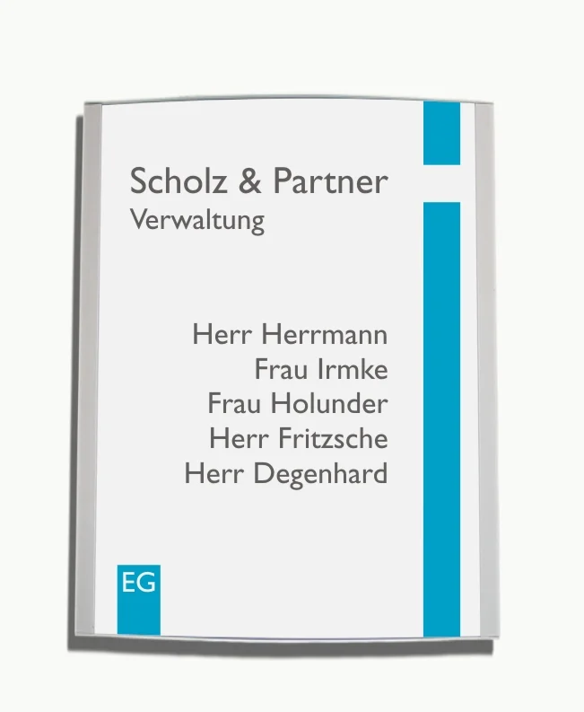 Wandschild mit blau gedrucktem Einleger – Vorderansicht Bürobesetzung in der Verwaltung, stabil und jederzeit austauschbar in Wiesbaden von City Medien Einkaufswelt für Partner günstig kaufen, online preiswert bestellen und selbst drucken – Leitsystem