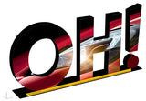 3D-DEKOBUCHSTABEN Sonderproduktion – Visualisierung freistehendes „OH!“-Schriftobjekt, Hochglanzdruck mit rotem Fahrzeugdetail, seitliche Tiefe erkennbar in Wiesbaden von City Medien Einkaufswelt für Partner günstig kaufen, drucken lassen, online preiswert bestellen – 3D-Buchstaben, Werbedeko, Messebau