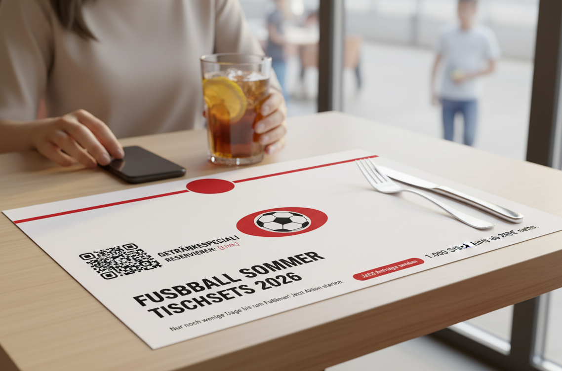 Bedrucktes Tischset mit Fußball-Sommer-Design, QR-Code, roten Designelementen und Besteck auf einem Restauranttisch – individuelle Tischsets drucken lassen bei City Medien Einkaufswelt für Partner in Wiesbaden, Werbedruck für Gastronomie, Event & Fußball-Aktionen günstig online bestellen