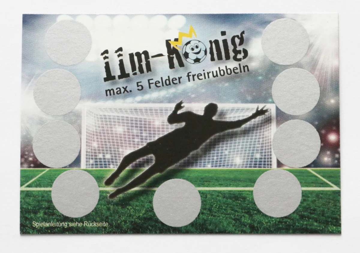 Rubbellose Fußball-Motiv – Spielfeld mit Torwart-Silhouette, runde Rubbelfelder beidseitig, Frontansicht von Wiesbaden günstig kaufen, drucken lassen, online preiswert bestellen – Rubbellose, Sportaktionen, Gewinnspiele