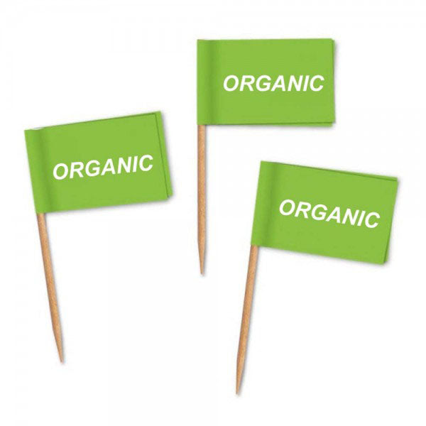 Zahnstocher mit Fähnchen „Organic“ – grüne Papierfähnchen auf Holzstäbchen in Frontansicht, ca. 7 cm, beidseitig bedruckt in Wiesbaden von City Medien Einkaufswelt für Partner günstig kaufen, drucken lassen, online preiswert bestellen – Deko, Werbemittel, Gastronomiebedarf