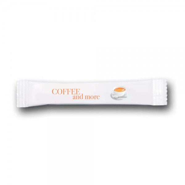Zuckersticks 3,6 g – weiße Portionssticks 10 x 2 cm mit Aufdruck „Coffee and more“, beidseitig bedruckt in Wiesbaden von City Medien Einkaufswelt für Partner günstig kaufen, drucken lassen, online preiswert bestellen – Gastronomiebedarf, Werbemittel