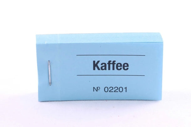 Blockgutscheine Essen, Getränke & Euro – blauer Gutscheinblock mit schwarzem Aufdruck „Kaffee“ und fortlaufender Nummerierung, geheftet in Wiesbaden von City Medien Einkaufswelt für Partner günstig kaufen, drucken lassen, online preiswert bestellen – Blockgutscheine, Wertmarken, Eventzubehör