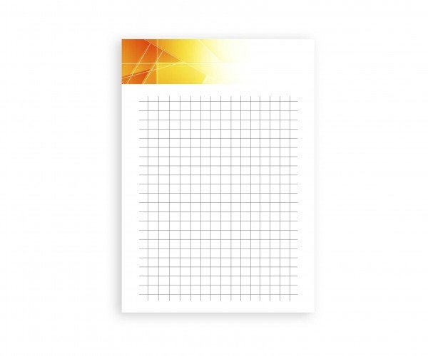 Blöcke ohne Deckblatt: Ein weißer Notizblock mit orange-gelbem, abstraktem Design am oberen Rand. Die Blätter sind kariert, in Wiesbaden bei City Medien Einkaufswelt für Partner
