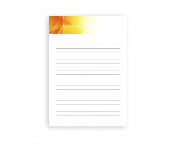 Blöcke ohne Deckblatt: Ein weißer Notizblock mit orange-gelbem, abstraktem Design am oberen Rand. Die Blätter sind liniert, in Wiesbaden bei City Medien Einkaufswelt für Partner