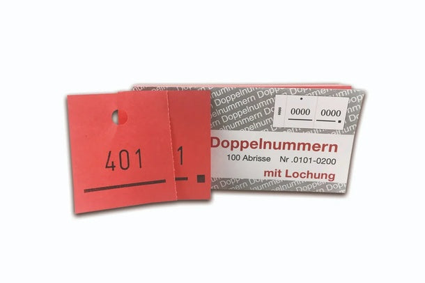 Doppelnummern Block Rot – perforierte Abrisse mit fortlaufenden Nummern, inklusive Lochung und handlichem Block in Wiesbaden von City Medien Einkaufswelt für Partner günstig kaufen, drucken lassen, online preiswert bestellen – Doppelnummern, Garderobenmarken, Eventzubehör