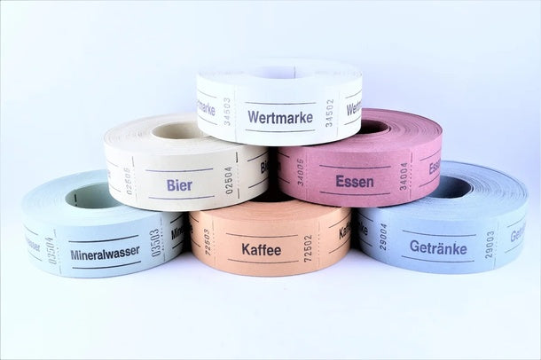 Rollengutscheine 500 Abrisse – mehrere bunte Rollen mit Aufdrucken „Essen“ und „Getränke“, stabile Papiergutscheine für Events in Wiesbaden von City Medien Einkaufswelt für Partner günstig kaufen, drucken lassen, online preiswert bestellen – Gutscheine, Wertmarken, Eventzubehör