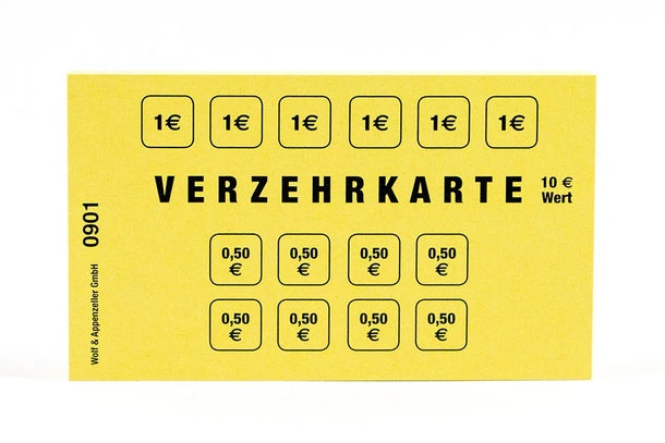 Verzehrkarte Gelb 10 € – Vorderansicht mit abtrennbaren Wertfeldern zu 1 € und 0,50 €, klare Schriftgestaltung in Wiesbaden von City Medien Einkaufswelt für Partner günstig kaufen, drucken lassen, online preiswert bestellen – Verzehrkarten, Eventzubehör, Gastronomiebedarf