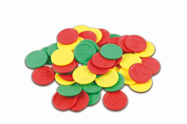 Wertmarkenchips bunt – Stapel roter, grüner und gelber Kunststoffchips mit eingeprägten Symbolen, gemischte Sortierung für Events in Wiesbaden von City Medien Einkaufswelt für Partner günstig kaufen, drucken lassen, online preiswert bestellen – Wertmarken, Eventzubehör, Gastronomiebedarf