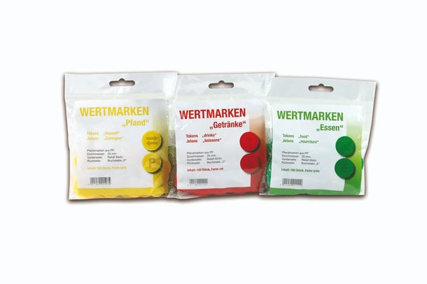 Wertmarken im Beutel – Set mit gelben Pfand-, roten Getränke- und grünen Essenschips aus Kunststoff, je 100 Stück verpackt in Wiesbaden von City Medien Einkaufswelt für Partner günstig kaufen, drucken lassen, online preiswert bestellen – Wertmarken, Eventzubehör, Gastronomiebedarf