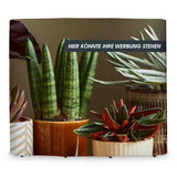 Pop-Up Faltwand 2 x 3 Felder gerade: Eine bedruckte Pop-Up Faltwand mit dem Motiv von verschiedenen Zimmerpflanzen in Töpfen. In der Mitte ist ein schwarzes Banner mit dem Text „HIER KÖNNTE IHRE WERBUNG STEHEN“ angebracht, in Wiesbaden bei City Medien Einkaufswelt für Partner