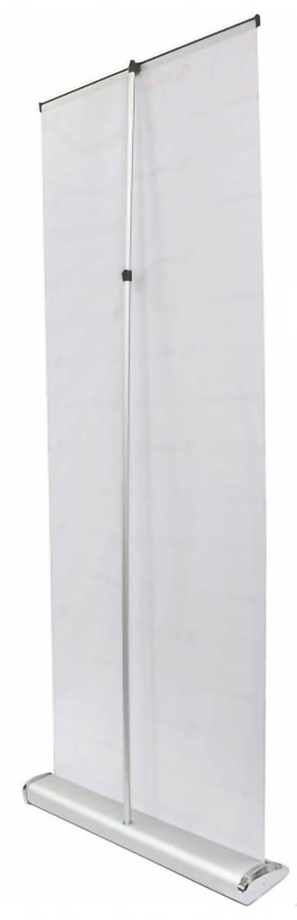 Roll Up Deluxe B 85 cm x H 153-200 cm: Eine schräge Rückansicht des Roll-Up-Displays mit einem weißen Banner. Eine senkrechte, silberne Stange mit einem schwarzen Verbindungselement ist sichtbar und stützt das Banner, in Wiesbaden bei City Medien Einkaufswelt für Partner