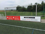 Aluverbundplatte – bedruckte Werbebande am Fußballtor mit Firmenlogos, wetterfeste Außenwerbung in Wiesbaden von City Medien Einkaufswelt für Partner günstig kaufen, drucken lassen, online preiswert bestellen – Sportwerbung, Bandenwerbung, Outdoor-Schilder