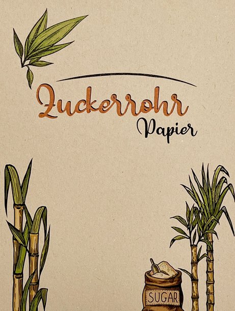 Falzflyer 6 Seiter aus Zuckerrohr: Ein beidseitig bedruckter Falzflyer aus beigefarbenem Zuckerrohrpapier. Der Druck zeigt eine Illustration von Zuckerrohrpflanzen, einer Tüte mit „Sugar“ und dem Schriftzug „Zuckerrohr Papier“, in Bernburg, Saxony-Anhalt, Germany bei City Medien Einkaufswelt für Partner