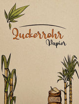 Flyer aus Zuckerrohr: Ein Flyer aus beigefarbenem Zuckerrohrpapier. Der Druck zeigt eine Illustration von Zuckerrohrpflanzen, einer Tüte mit „Sugar“ und dem Schriftzug „Zuckerrohr Papier“, in Wiesbaden bei City Medien Einkaufswelt für Partner